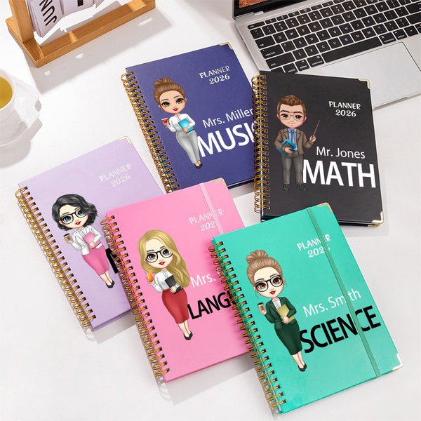 Personalized Cartoon 2026 Planner Spiral A5 Name Notebook with Weekly and Monthly Planning Pages Back to School Teacher's Day Gift for Teacher