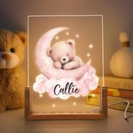 Personalized Dreamy Star Moon Sleepy Teddy Bear Acrylic LED Night Light with Wooden Base and Name Birthday Anniversary Gift for Family Children