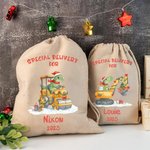 Personalised Cute Dinosaur Construction Vehicle Drawstring Gift Bag Santa Sack with Name and Year Christmas Gift for Kids