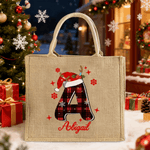 Personalized Santa Hat Red Plaid Initial Jute Tote Bag with Name Christmas Party Gift for Kids Family