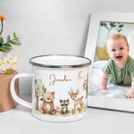 Tasse en émail 12 oz personnalisée avec nom Ours Mignon Raton laveur Cerf Multicolore Anniversaire Cadeau de Noël pour les enfants