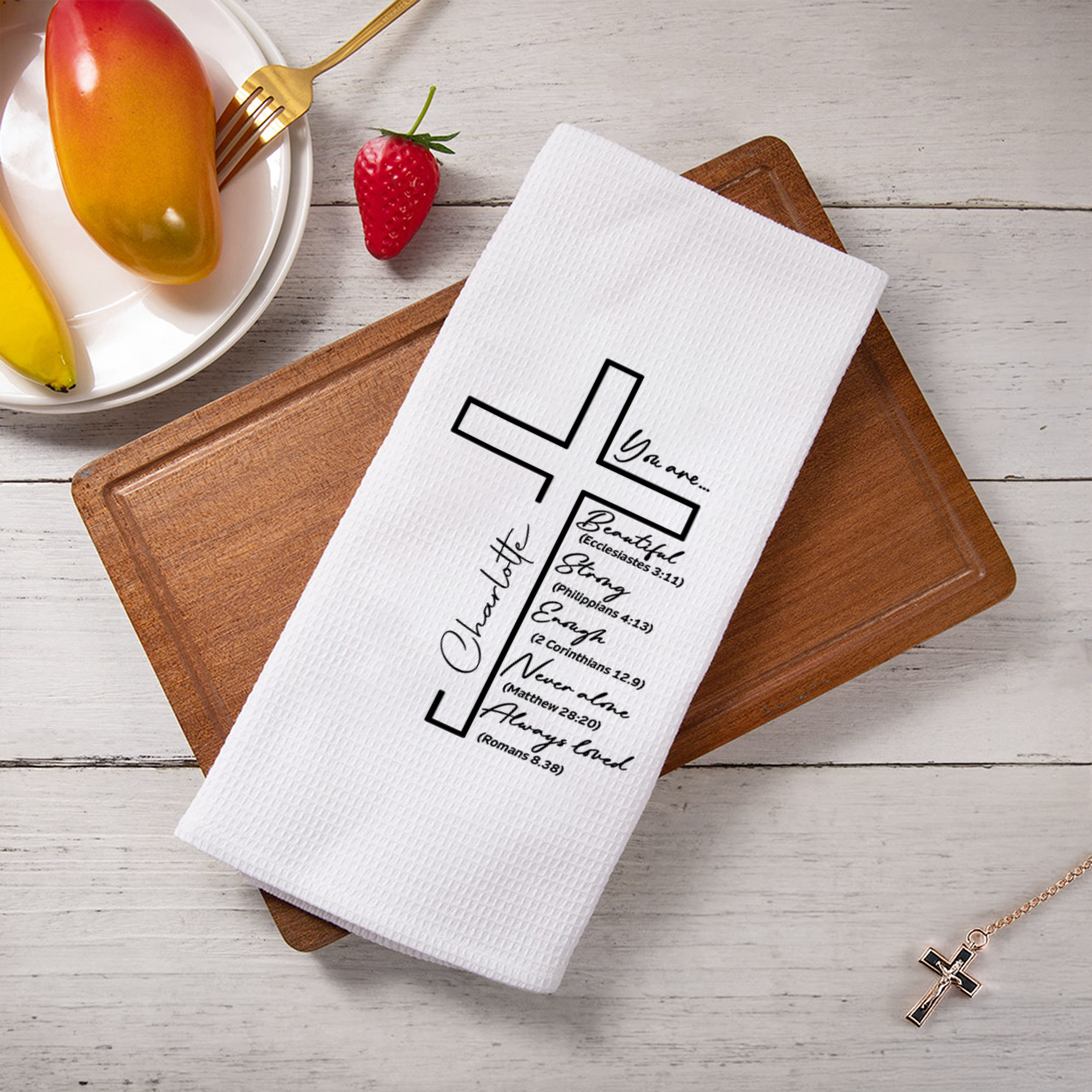 Torchon gaufré personnalisé avec nom Décoration de cuisine Utilisation quotidienne Cadeau d'anniversaire pour la famille Chrétien