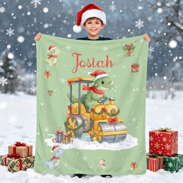 Personalized Cartoon Dinosaur Construction Vehicle Soft Throw Blanket with Name Home Decor Christmas Party Gift for Toddlers Boys
