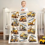 Personalized Construction Trucks Soft Throw Blanket with Name Home Decor Birthday Christmas Gift for Boys Truck Lovers