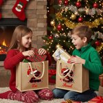 Personalized Santa Hat Red Plaid Initial Jute Tote Bag with Name Christmas Party Gift for Kids Family