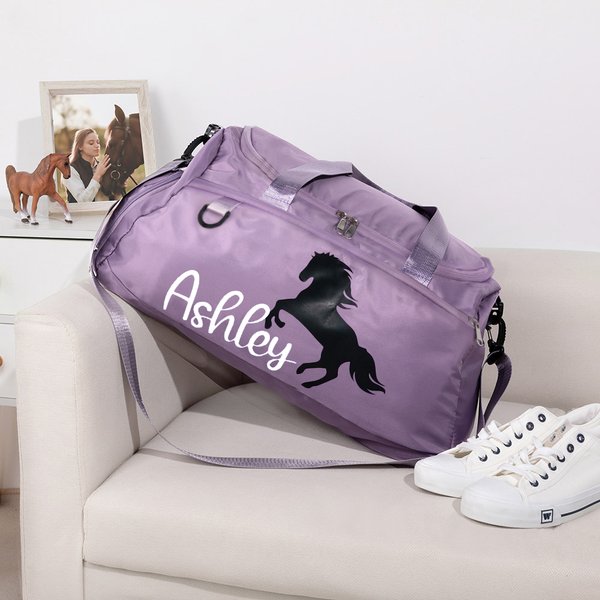 Sac de Voyage Imperméable Personnalisé avec Nom Style Silhouette de Cheval Cadeau Équestre pour Amoureux de Cheval Amateur d'Hippisme
