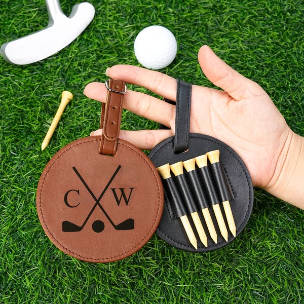 Personalised Golf Pattern Monogram PU Leather Golf Bag Tag Tee Holder with Adjustable Strap Birthday Christmas Gift for Golf Players Lovers