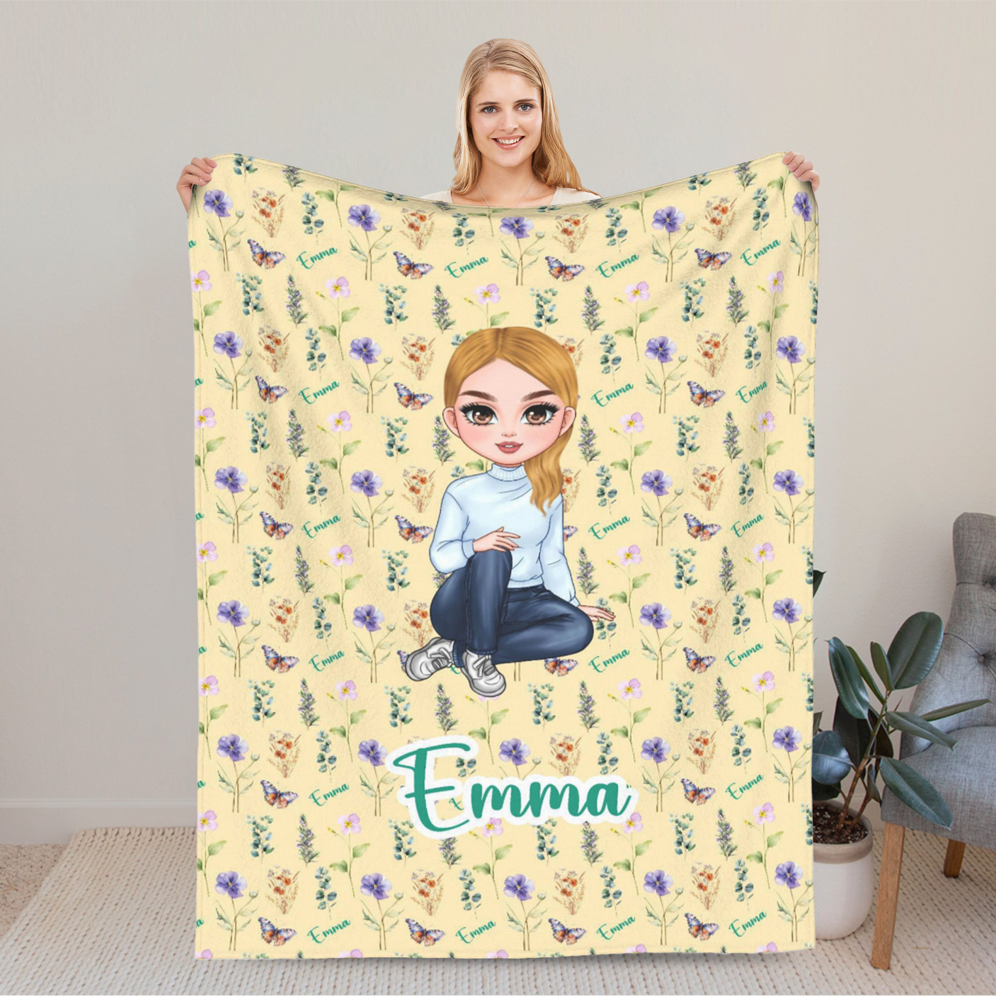 Couverture Douce Personnalisée avec Nom Personnage et Fleur de Naissance Cadeau Noël pour Famille Amis