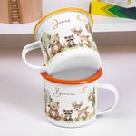 Tasse en émail 12 oz personnalisée avec nom Ours Mignon Raton laveur Cerf Multicolore Anniversaire Cadeau de Noël pour les enfants