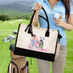 Personalised Cartoon Golf Woman Large Canvas Tote Bag with Name and Carrying Strap Travel Essentials Anniversary Birthday Gift for Women Golf Lovers