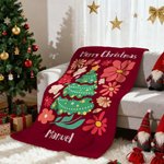 Personalised Christmas Tree Colorful Floral Soft Throw Blanket with Name and Text Home Decor Christmas Gift for Family Friends