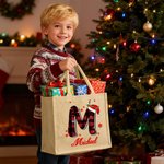 Personalized Santa Hat Red Plaid Initial Jute Tote Bag with Name Christmas Party Gift for Kids Family