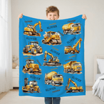 Personalized Construction Trucks Soft Throw Blanket with Name Home Decor Birthday Christmas Gift for Boys Truck Lovers
