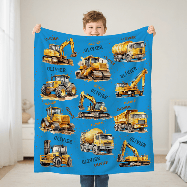 Personalized Construction Trucks Soft Throw Blanket with Name Home Decor Birthday Christmas Gift for Boys Truck Lovers