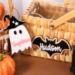 Personalized Pumpkin Ghost Bat Acrylic Halloween Basket Name Tag with Initial Spooky Halloween Gift for Boys Girls