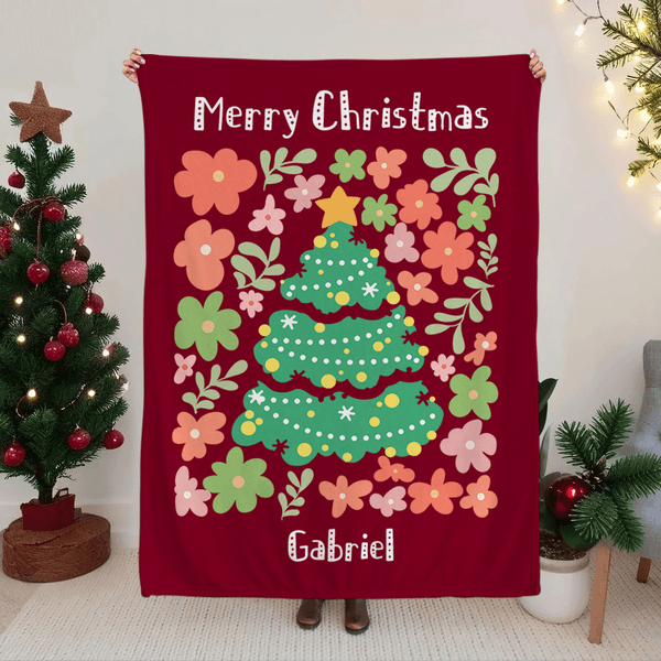 Personalized Christmas Tree Colourful Floral Soft Throw Blanket with Name and Text Home Decor Christmas Gift for Family Friends
