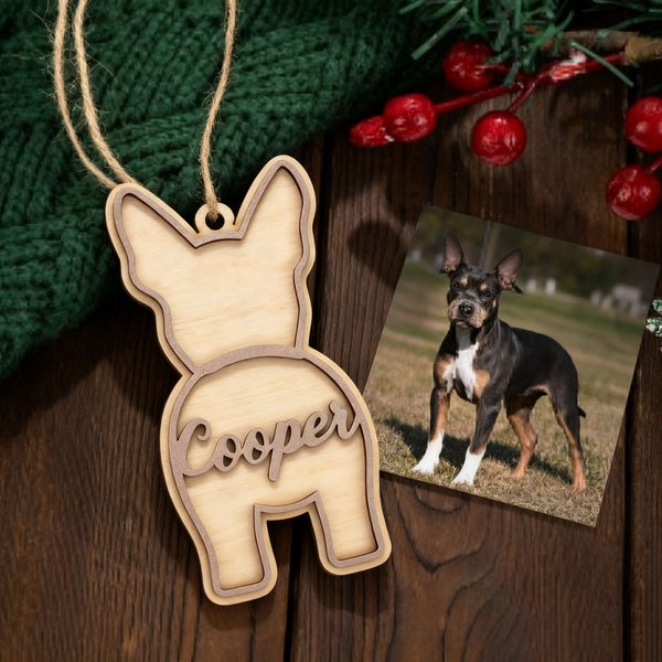 Personalised Cute Line Dog Back View Wooden Ornament with Name and Lanyard Christmas Tree Home Decor Christmas Gift for Family Friends Dog Lovers