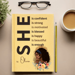 Personalized She Is Confident Fashion Black Woman Motivational Quote A5 Notebook with Name and Free Pencil Daily Use Birthday Gift for Her