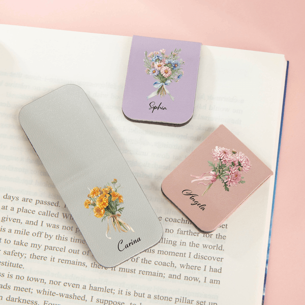 Personalised Birth Flower Multicolour Magnetic PU Leather Bookmark Clip with Name Daily Use Birthday Gift for Book Lovers
