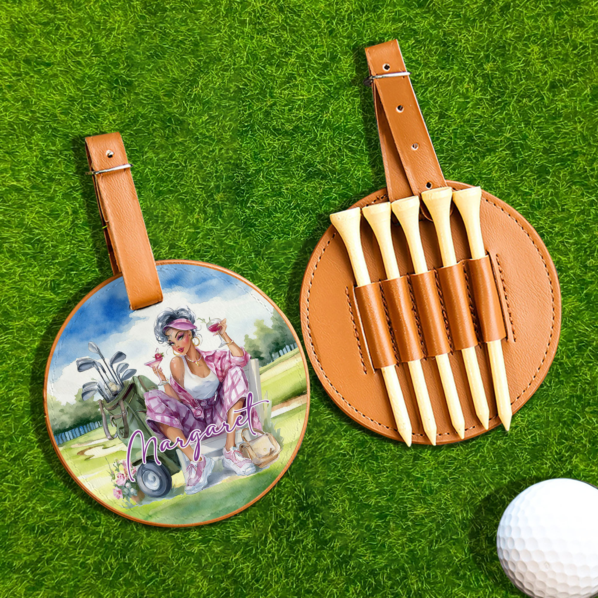 Porte tee shirt de golf en cuir PU réglable avec nom, aquarelle, personnage de dessin animé, cadeau de Noël pour les golfeuses