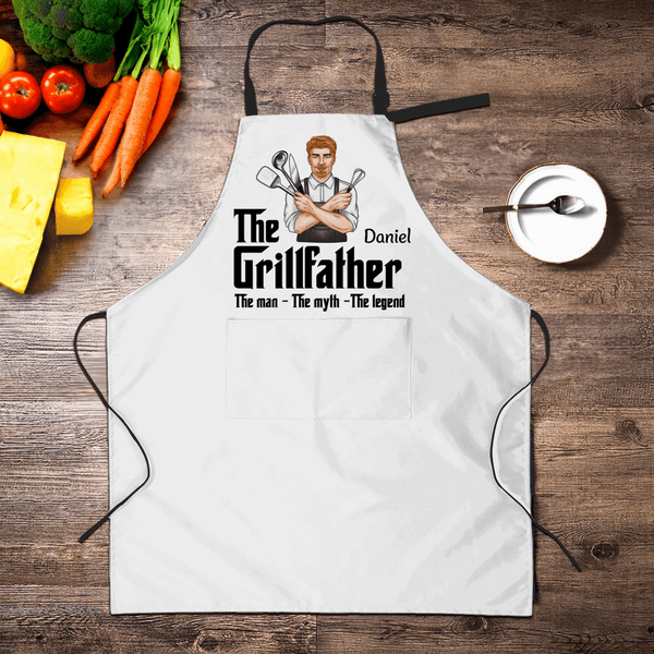 Personalised Grillfather Cartoon Character Name Apron with Front Pockets Birthday Christmas Gift for Dad Grandpa Husband BBQ Enthusiasts