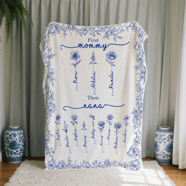 Personalized Toile De Jouy Birth Flower Soft Throw Blanket with Name Home Decor Birthday Christmas Gift for Mom Grandma