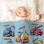 Personalized Construction Trucks Soft Throw Blanket with Name Home Decor Birthday Christmas Gift for Boys Truck Lovers