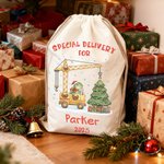 Personalised Cute Dinosaur Construction Vehicle Drawstring Gift Bag Santa Sack with Name and Year Christmas Gift for Kids