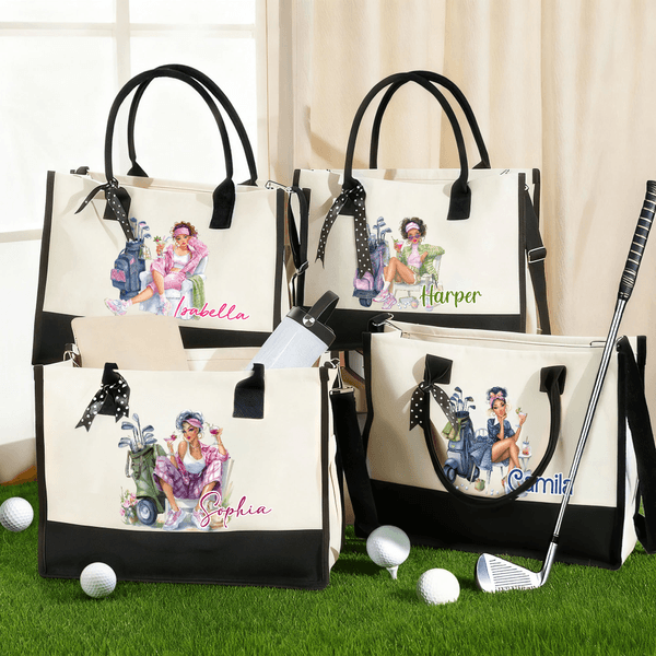 Personalised Cartoon Golf Woman Large Canvas Tote Bag with Name and Carrying Strap Travel Essentials Anniversary Birthday Gift for Women Golf Lovers