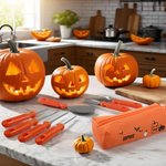 7 Outils de Sculpture Citrouille Set Personnalisé avec Nom et Motif Citrouille sur le Sac de Rangement Cadeau Halloween pour Famille Enfants
