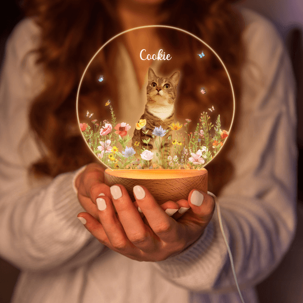 Personalized Floral Pet Photo LED Night Light with Name Date and Wooden Base Sympathy Memorial Loss of Pet Birthday Gift for Pet Owners Lovers