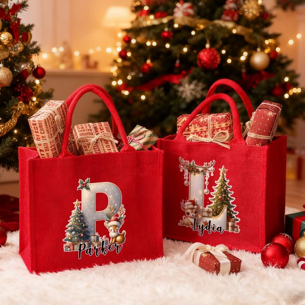 Sac en toile de jute rouge avec initiales et nom Cadeau de Noël pour enfants Adultes