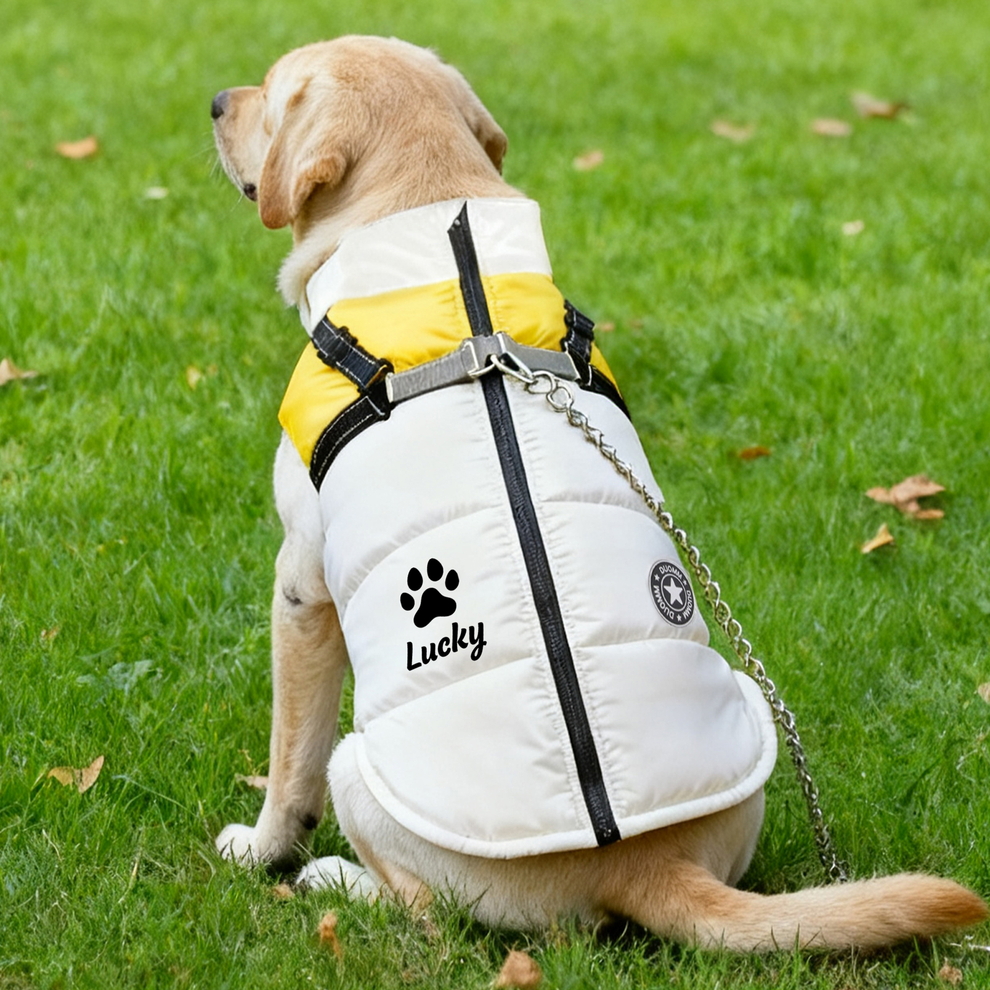Manteau d'hiver pour chien imperméable personnalisé avec motif empreinte de patte et nom - Cadeau activités extérieures pour animal de compagnie
