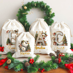Personalized Cute Cartoon Elk Christmas Tree Initial Canvas Drawstring Gift Bag with Name Christmas Gift for Friends Family
