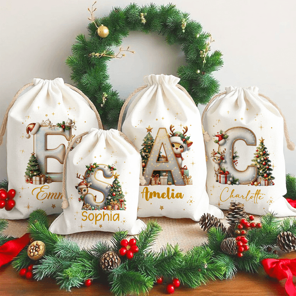 Personalized Cute Cartoon Elk Christmas Tree Initial Canvas Drawstring Gift Bag with Name Christmas Gift for Friends Family