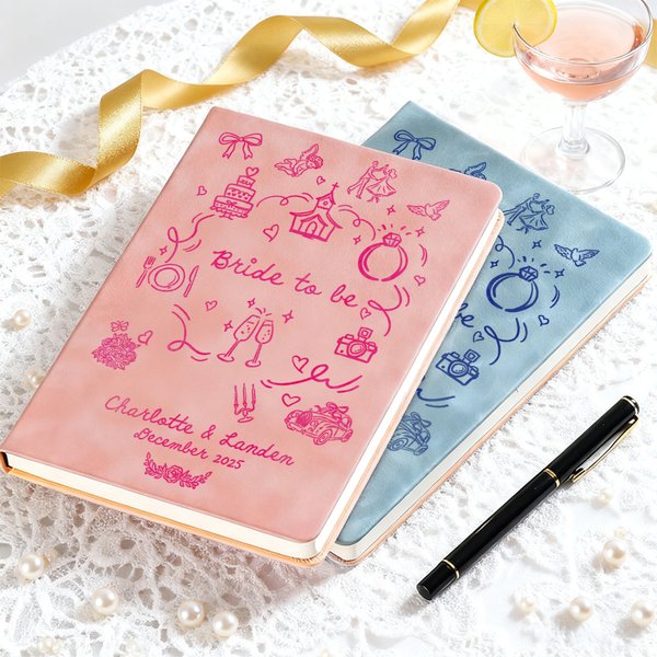Personalized Whimsical Wedding Planner PU Leather Notebook with 120 Lined Pages and Name Bridal Shower Engagement Gift for Bride To Be