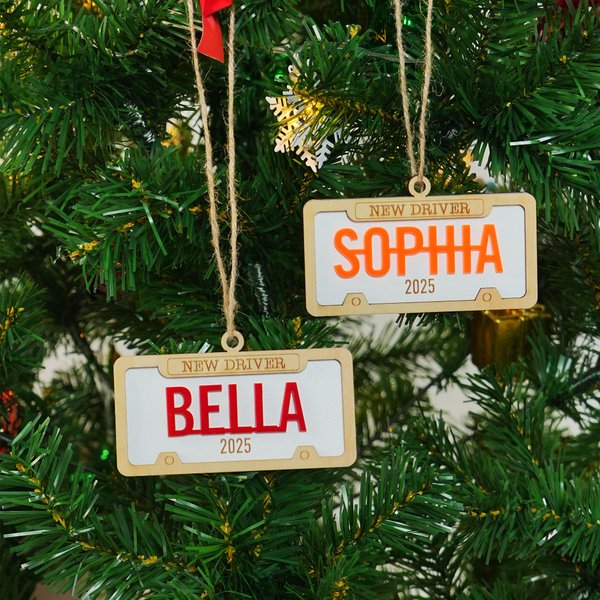 Ornement en bois personnalisé pour plaque d'immatriculation avec nom, année et lanière Cadeau de Noël pour la famille, les amis et les adolescents