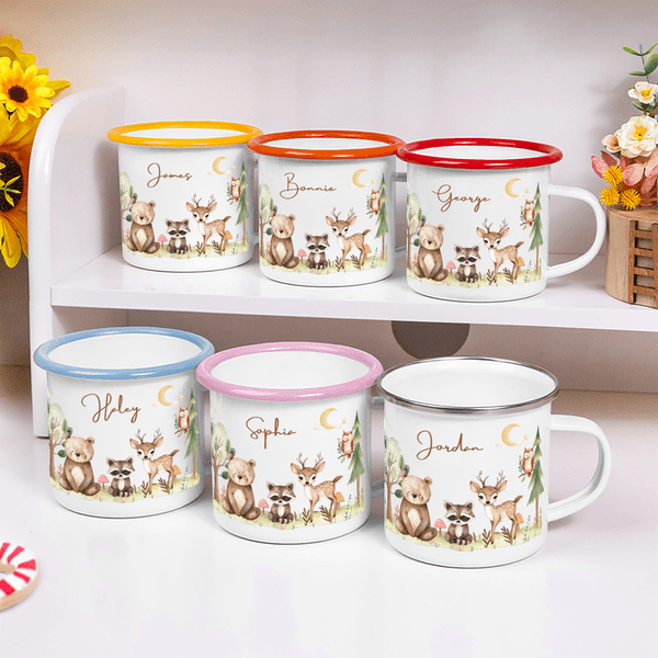 Personalized Cute Bear Raccoon Deer Multicolor 12 oz Enamel Mug with Name Birthday Christmas Gift for Kids