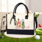Personalised Cartoon Golf Woman Large Canvas Tote Bag with Name and Carrying Strap Travel Essentials Anniversary Birthday Gift for Women Golf Lovers