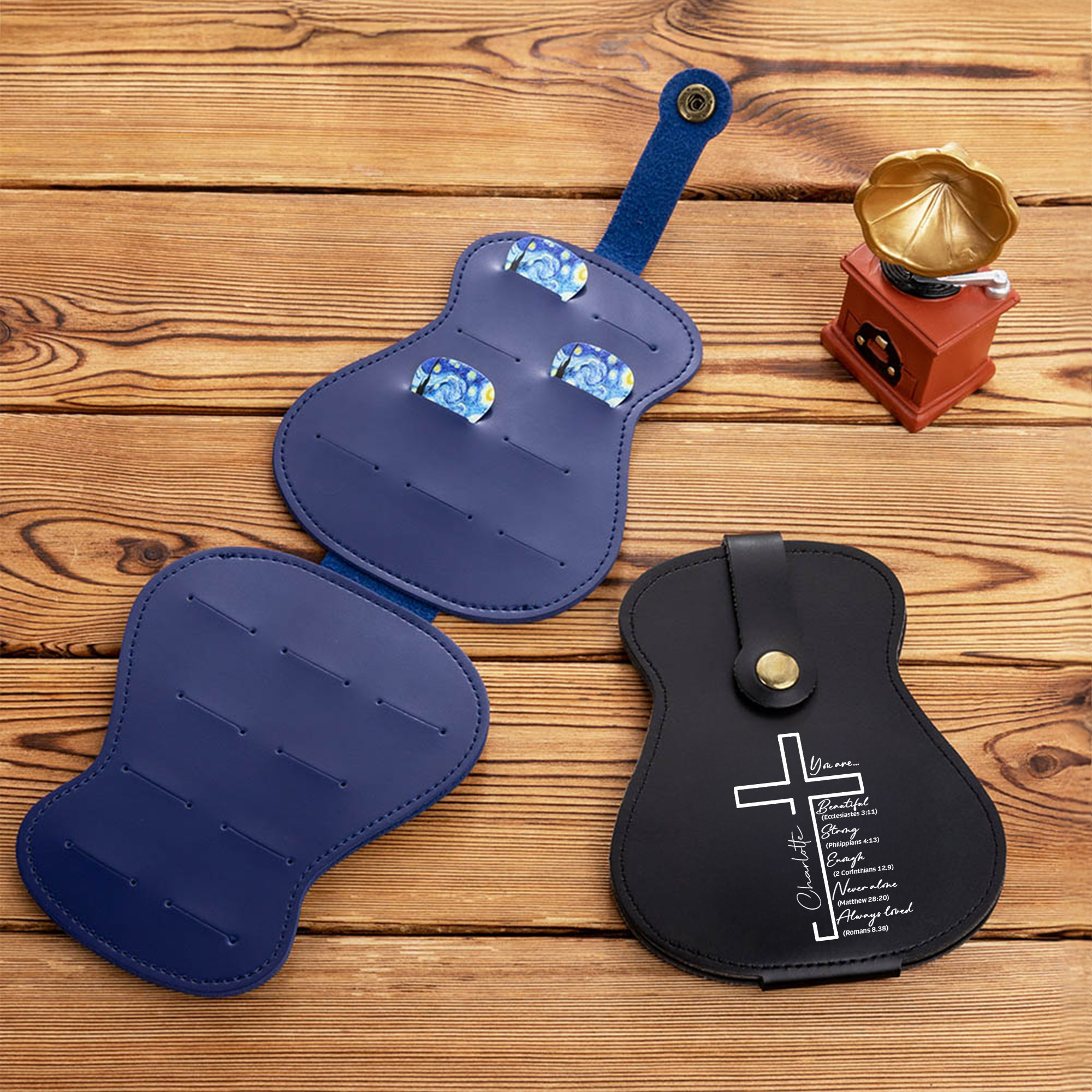 Porte baguettes de guitare en cuir PU avec nom et 3 baguettes de guitare Cadeau d'anniversaire pour les guitaristes et les amateurs de musique