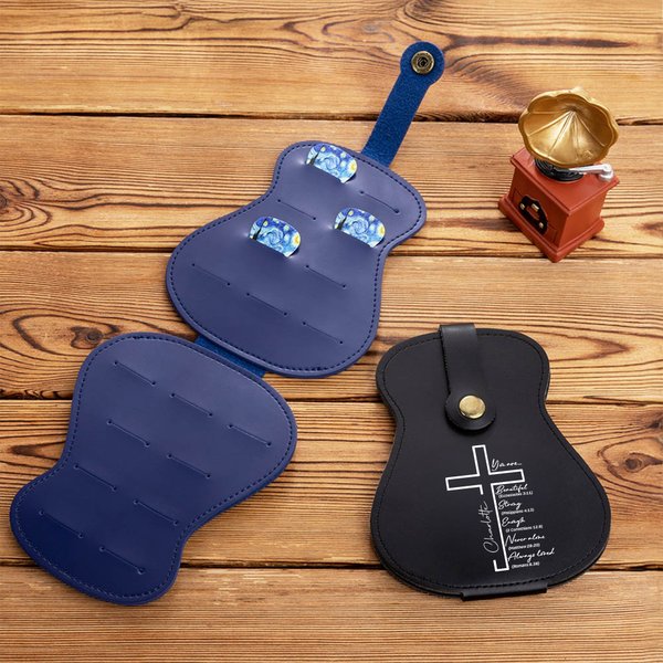 Personalised Vintage Guitar Design Bible Cross PU Leather Guitar Pick Holder with Name and 3 Guitar Picks Birthday Gift for Guitar Player Music Lovers