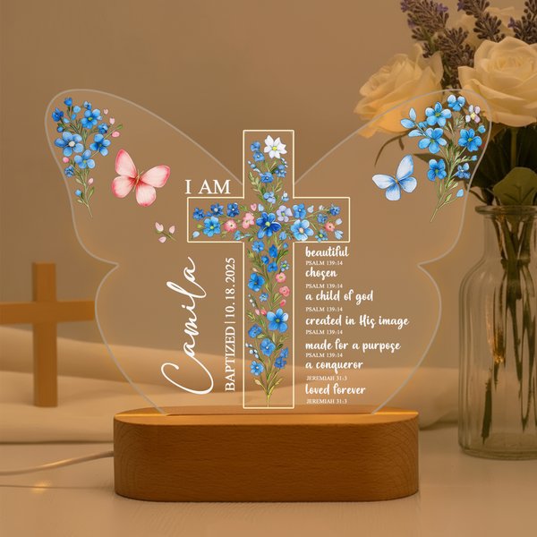 Personalised Butterfly Flower Cross LED Night Light with Name Date and Wooden Base Nursery Decor Birthday Baby Shower Gift for Christian Family