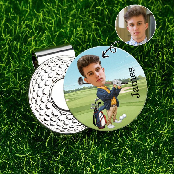 Henkilökohtainen kasvokuva sarjakuvahahmo Golf Ball Marker Magneettinen hattuklipsi nimellä Syntymäpäivä Pelipäivä lahja golfpelaajalle