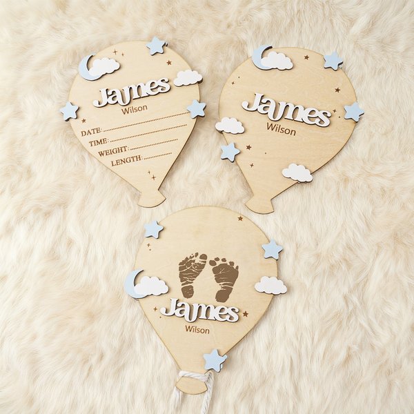 Personalized Hot Air Balloon Star Cloud Wooden Birth Announcement Sign with Name Baby Shower Birthday Gift for Newborns New Parents