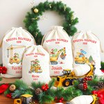 Personalised Cute Dinosaur Construction Vehicle Drawstring Gift Bag Santa Sack with Name and Year Christmas Gift for Kids