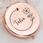 Personalized Birth Flower Pocket Makeup Mirror with Engraved Name Anniversary Birthday Wedding Gift for Women Bridesmaids