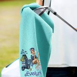 Henkilökohtainen sarjakuva Golf Woman 100% puuvillaa imukykyinen vohveli golfpyyhe nimellä ja ripustamalla klipsi urheilutarvikkeet syntymäpäivälahja golf ystäville