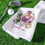 Henkilökohtainen sarjakuva Golf Woman 100% puuvillaa imukykyinen vohveli golfpyyhe nimellä ja ripustamalla klipsi urheilutarvikkeet syntymäpäivälahja golf ystäville