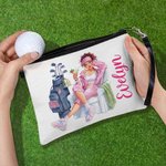 Personalized Watercolor Fashion Golf Character Name Makeup Bag with Wrist Strap Daily Use Christmas Birthday Gift for Women Golf Players Lovers