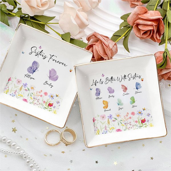 Personalizada colorida flor 2-10 mariposas de cerámica baratija joyería plato con nombres decoración del hogar regalo de cumpleaños para las hermanas Besties